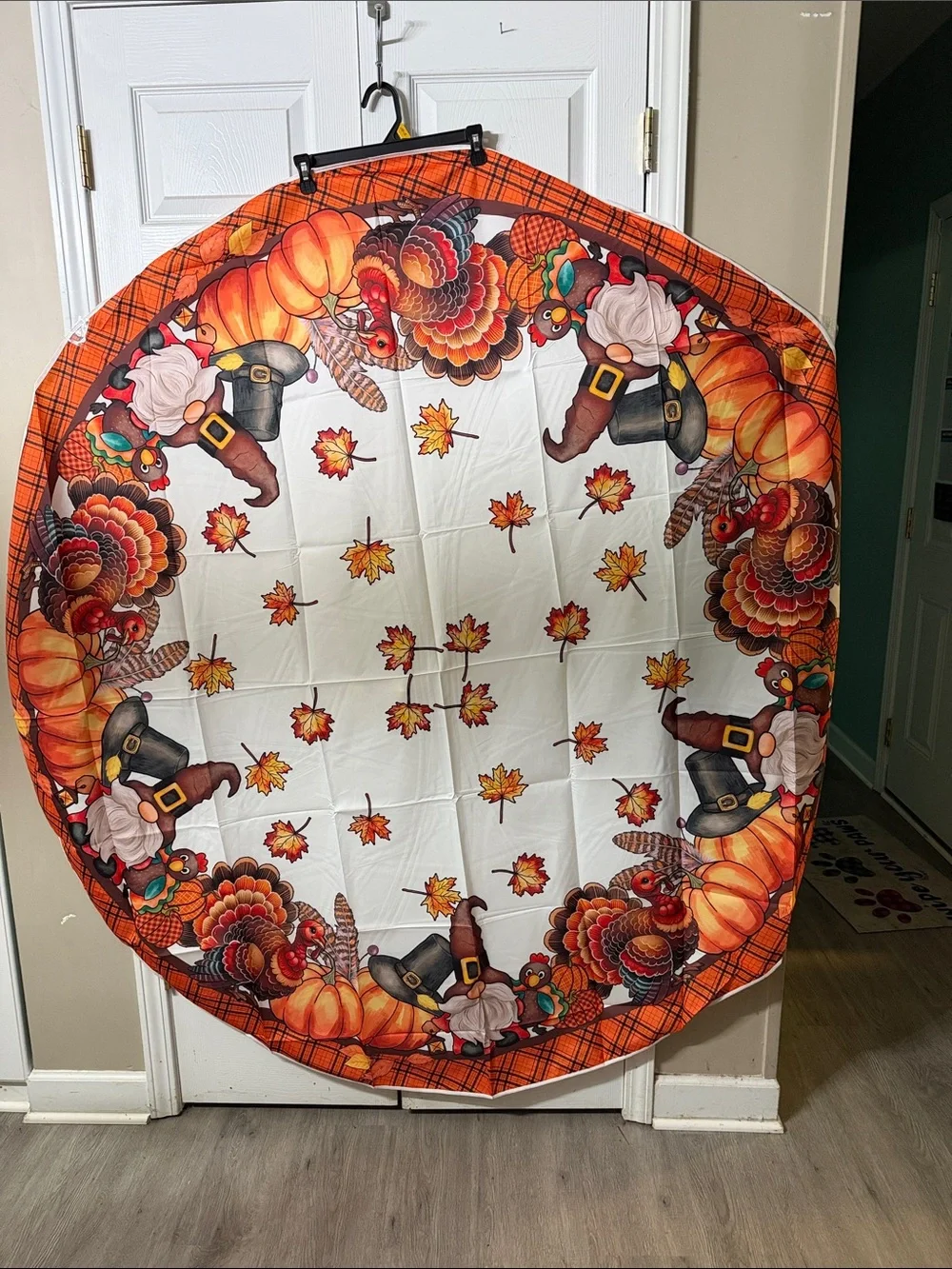 Thanksgiving Harvest Round Tablecloth Gnomes, Turkeys, Pumpkins 70x70 NEW